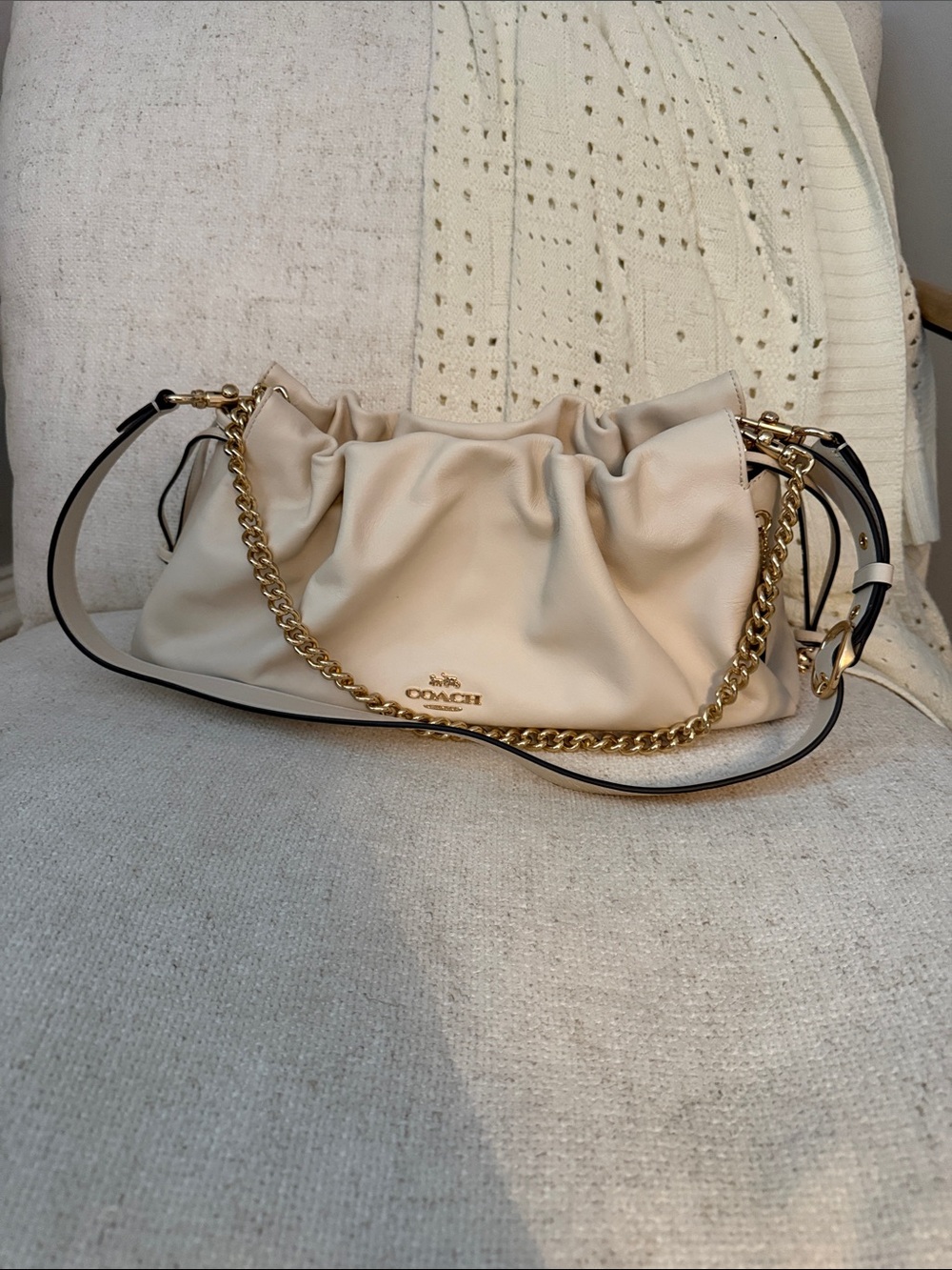 COACH Cream Soft Ruched Leather Shoulder Bag with Gold Chain